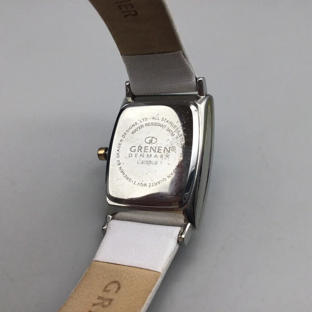 Grenen Denmark Watch Women 23mm Steel Case White Leather Strap Date New Battery